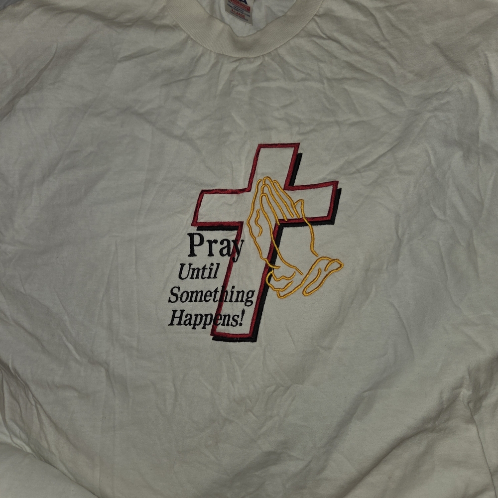 Vintage Jesus T-Shirt Size Large White Pray Until Something Happens PUSH Cross